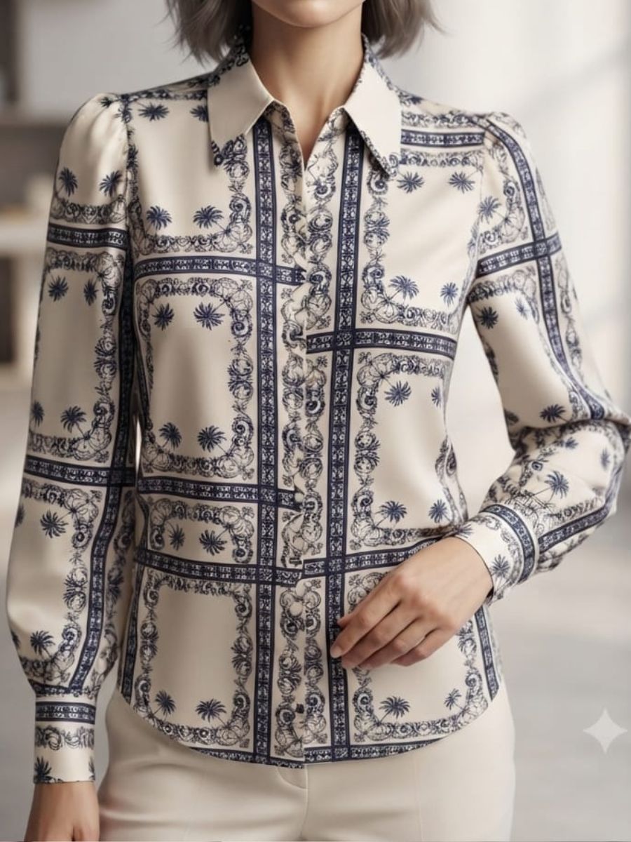 ModaFesta -blue flawer print formal satin shirt